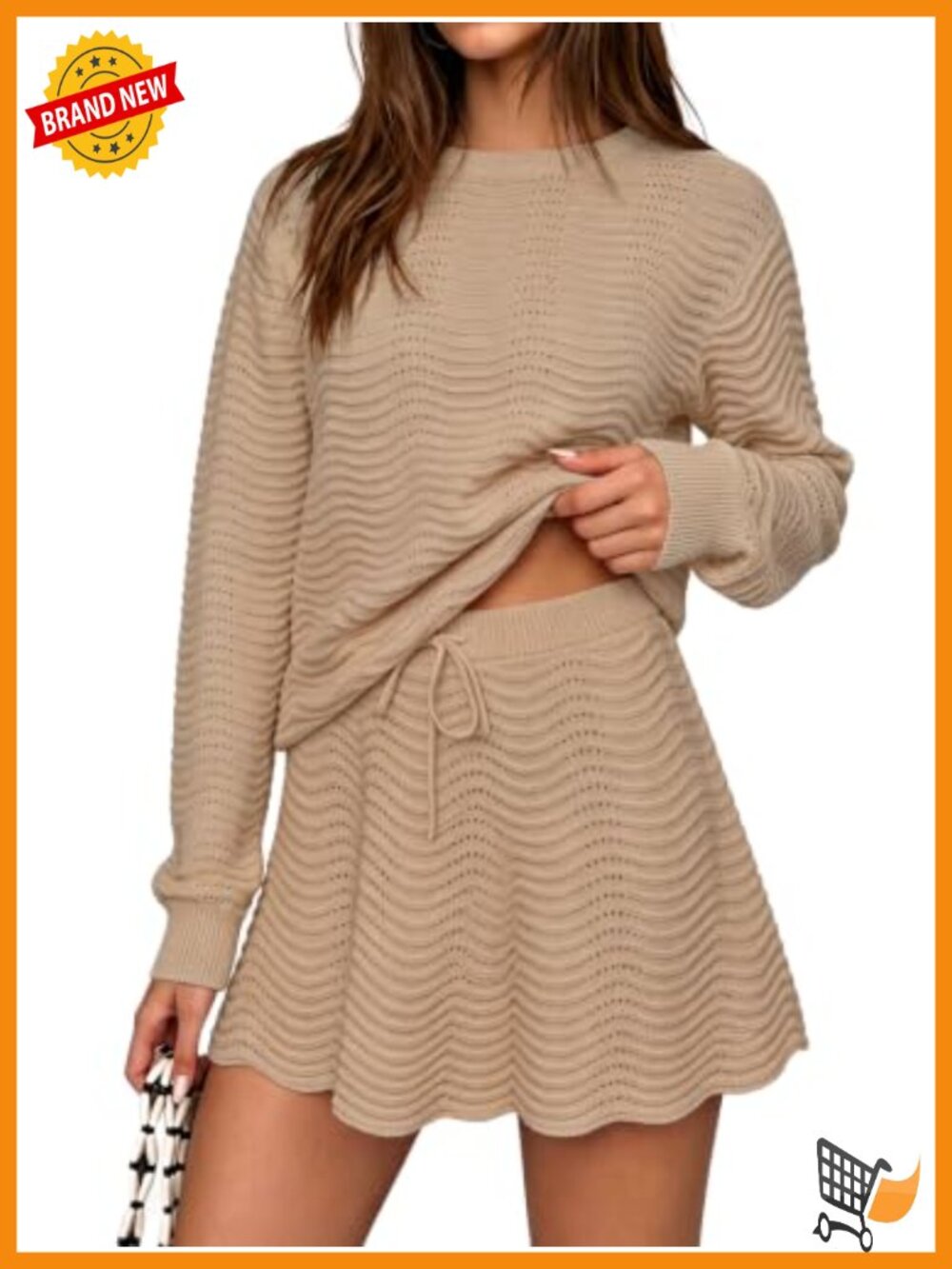 Scalloped Trim 2 Piece Sweater Set Knit Pullover & Mini Skirt